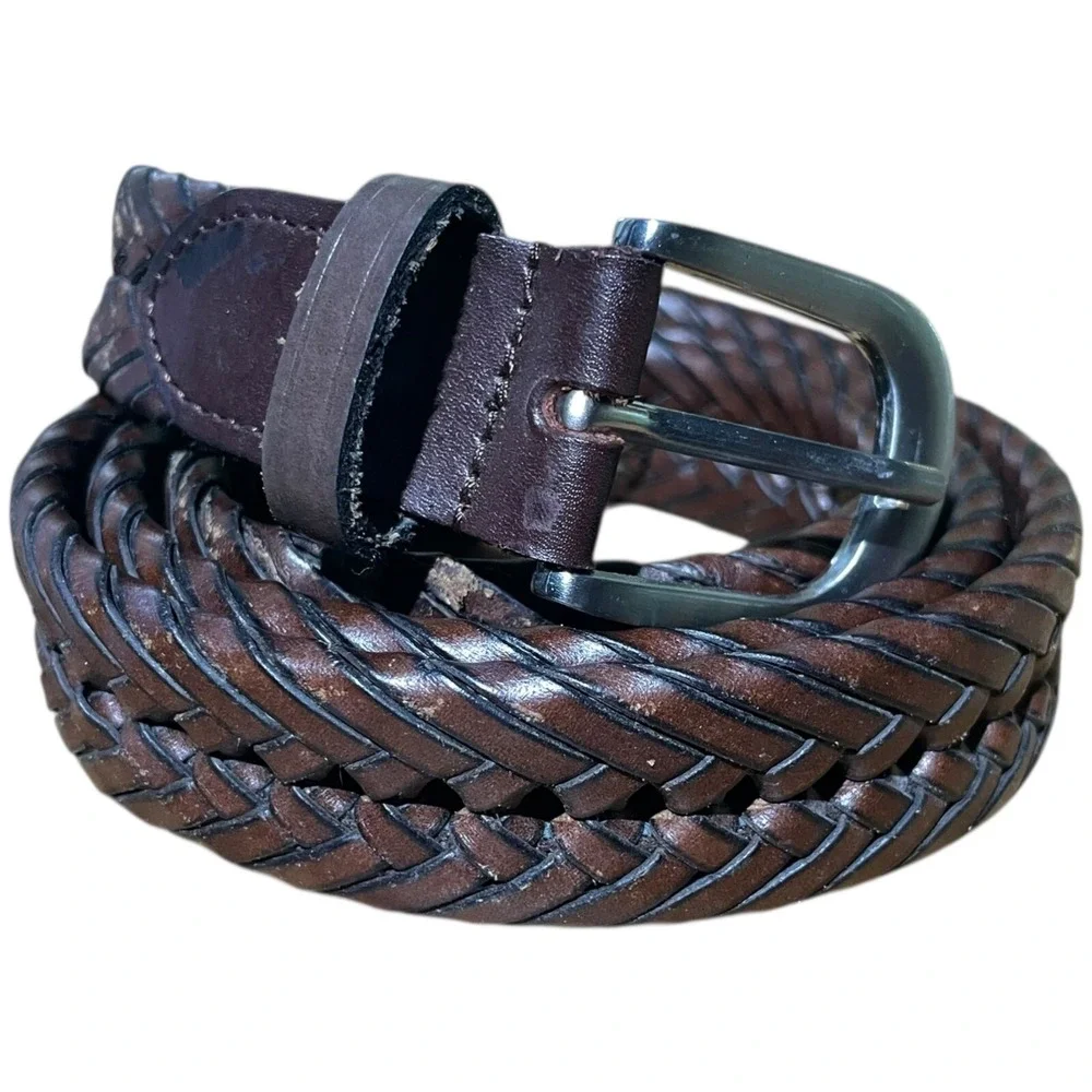 Belt Mens 42 Brown Genuine Leather Braided Silver Tone Buckle